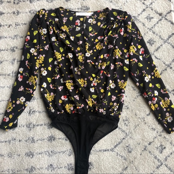 Astr Tops - ASTR Black and Floral Print Bodysuit - XS